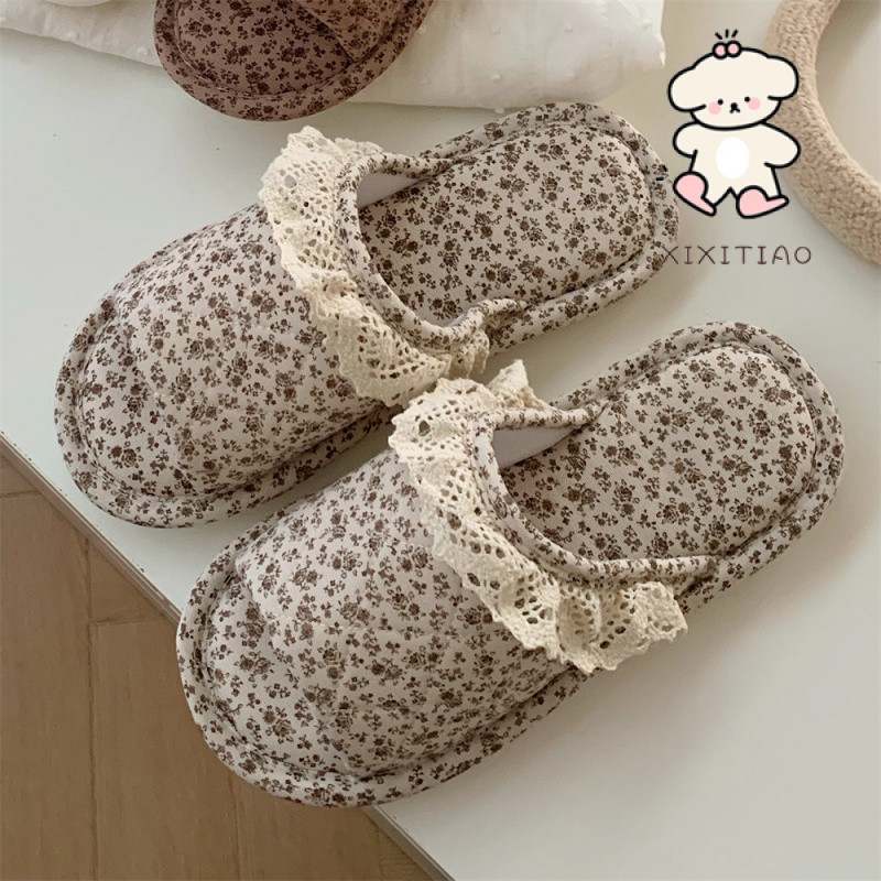 Xitiao Casual ในร่มลูกไม้ Trim สุภาพสตรีผ้าฝ้ายผ้าลินินรองเท้าแตะบ้าน Four Seasons Retro ดอกไม้