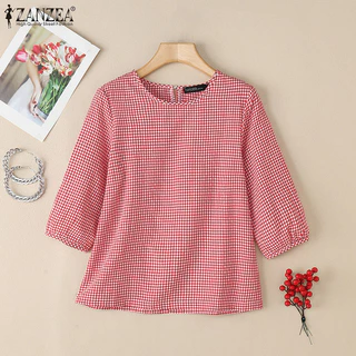 ZANZEA ซานเซีย ผู้หญิงเกาหลีวินเทจคอกลม3/4แขนโคมไฟเสื้อลายสก๊อต