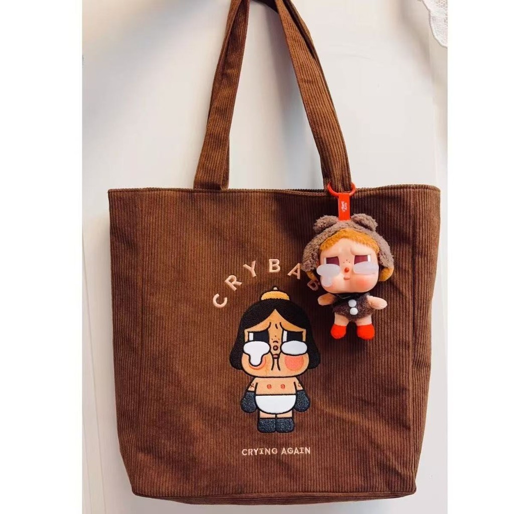Crybabyกระเป๋าสะพายไหล่ผ้าคอร์ดูรอยสไตล์เกาหลีแฟชั่นทำมือ สีคาราเมล สีโดปามีน