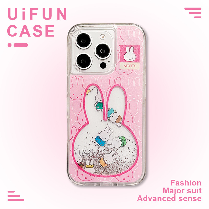 การ์ตูน Miffy กระต่าย Slider Glitter Quicksand โทรศัพท์มือถือสําหรับ iPhone 16 15 14 13 12 Pro Max 16Pro Shock Proof อะคริลิคปกหลัง Shell