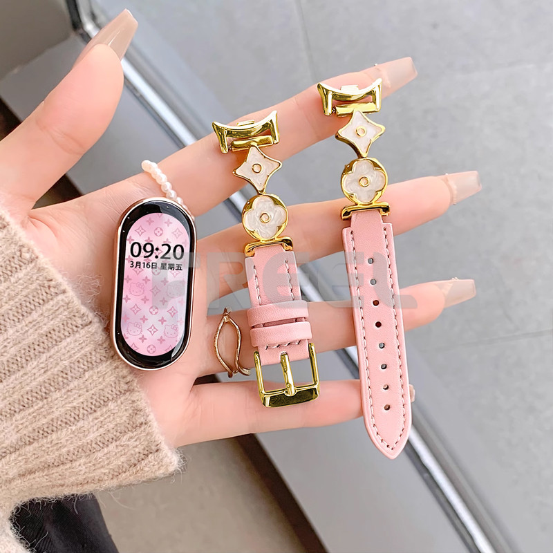 แฟชั่น Lucky Clover สายหนังสําหรับ Xiaomi สมาร์ท 10 9 8 NFC mi band 9pro 8pro 7 6 5 4 3 สําหรับหรูหราโลหะ splicing สร้อยข้อมือหนัง Redmi นาฬิกา 5 4 S4 กีฬา S3 S2 S1 pro