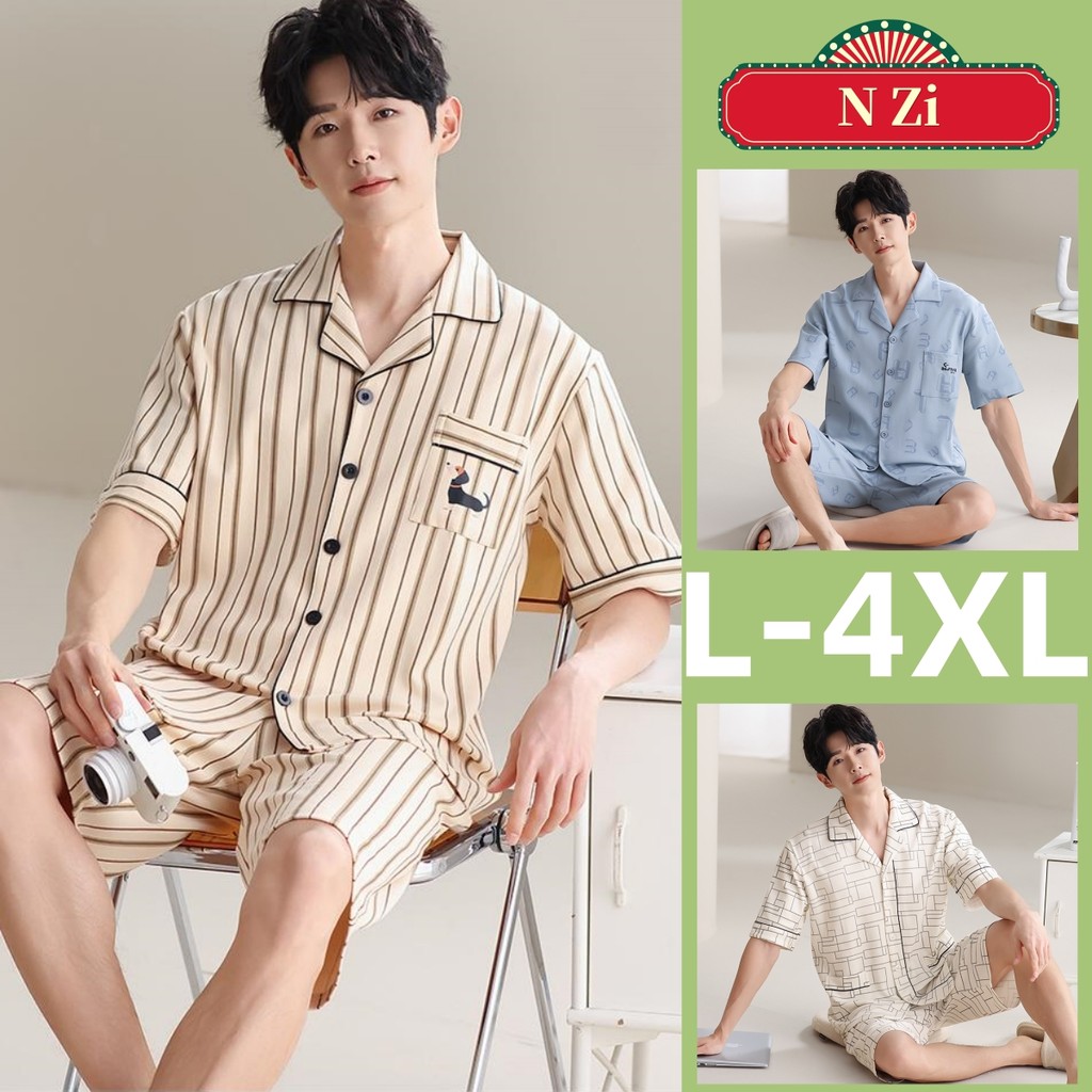 ชุดนอนผู้ชายผ้าฝ้ายลายสก๊อต แขนสั้น สไตล์ Loungewear ขนาด L-4XL ฤดูร้อน
