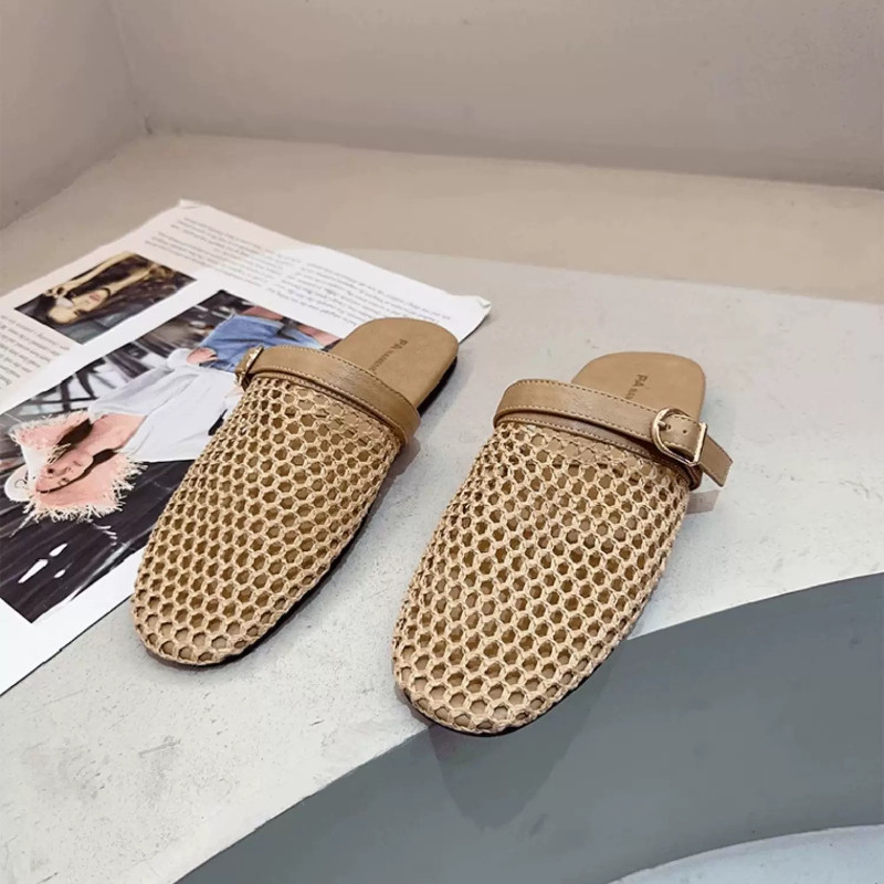 ใหม่ผู้หญิงรองเท้าแตะพื้นแบนแฟชั่นตาข่ายระบายอากาศสวมใส่สบายครึ่งแพ็ครองเท้าแตะ - รูปที่ 6