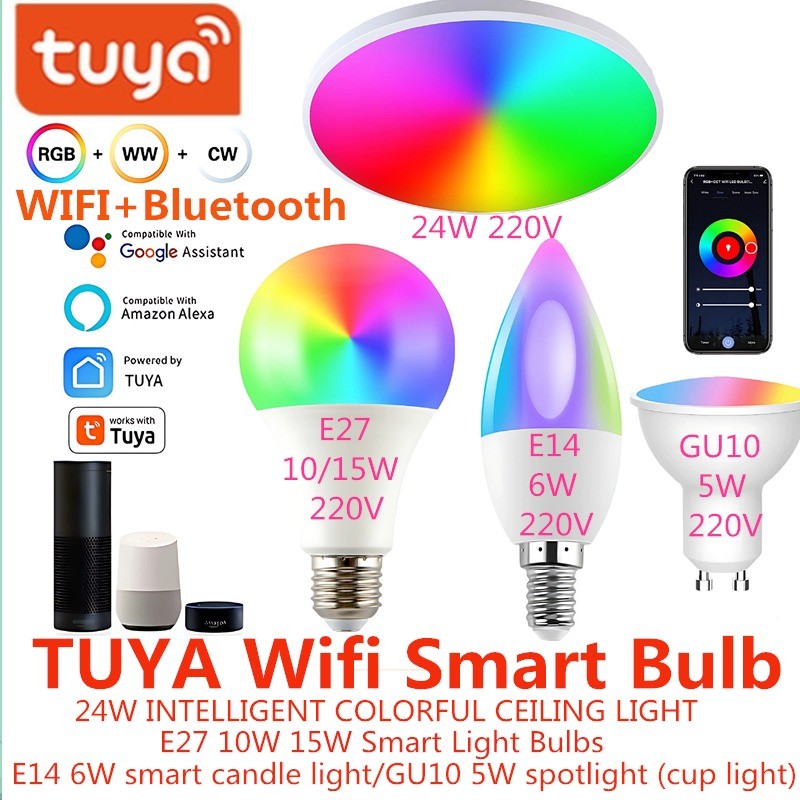 Tuya WiFi สมาร์ทโคมไฟเพดาน LED E27 หลอดไฟ E14 เทียน GU10 Spotlight 220V RGB สมาร์ทสนับสนุน Alexa Goo
