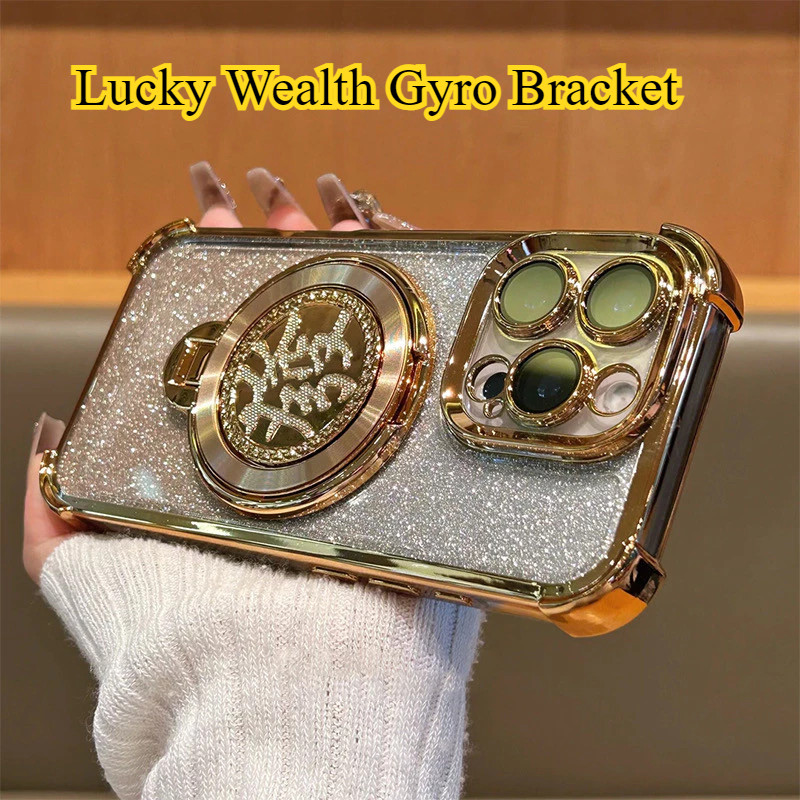 ปลอกสําหรับ Apple IPhone 16 15 14 13 Pro Max 14 Plus 15 Plus 16 Plus สี่มุม Anti Drop ถุงลมนิรภัยเคสโทรศัพท์ด้านหลังแนบ Lucky Wealth Spinning Gyroscope ที่วางโทรศัพท์แม่เหล็ก