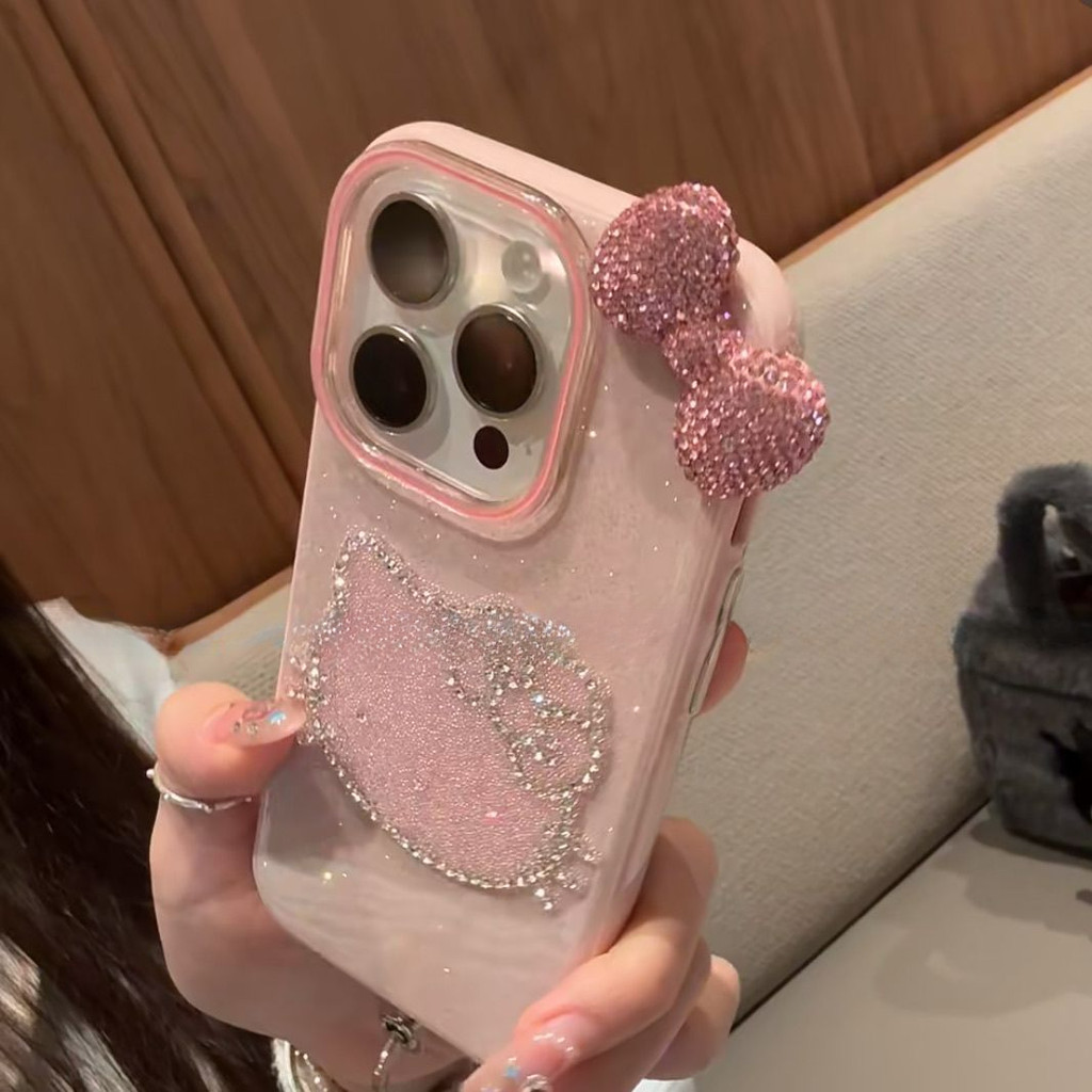 ใช้งานร่วมกับสําหรับ iPhone 12 13 14 15 16 Plus 17 Pro Max 16E Xs Max Xs X 7 8 Plus 3D หรูหราเพชรโบว์ Kitty Cat นุ่มฝาครอบโทรศัพท์ป้องกัน