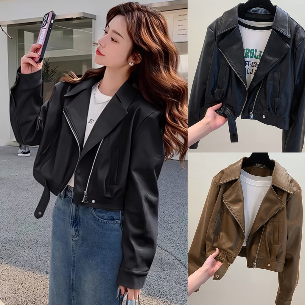 KaeKai พร้อมส่ง เสื้อ แจ็คเก็ตหนัง แขนยาว มีกระกระเป๋า คอปก ทรงหลวม เข้ากับทุกการแต่งกาย ทันสมัย