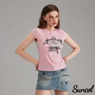 Suncol-womens เสื้อยืดแขนสั้นลําลองพิมพ์วินเทจรอบคอสัมผัสสะดือ Slim Fit Tops