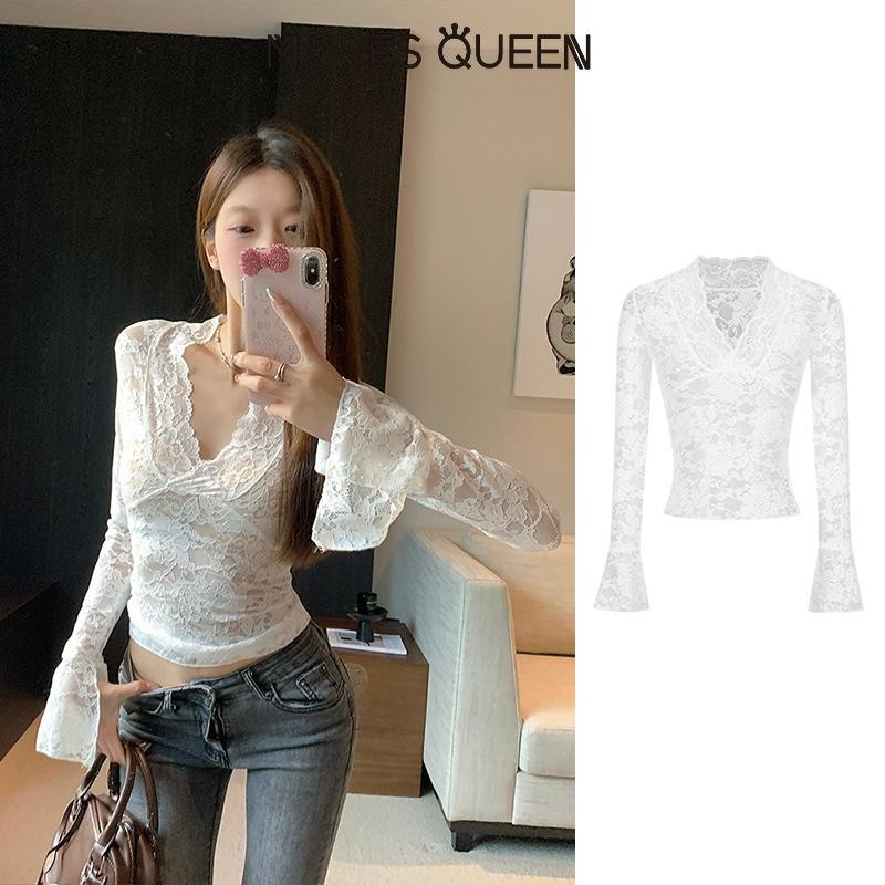 MosesQueen เสื้อลูกไม้คอวีความรู้สึกการออกแบบเซ็กซี่ความปรารถนาบริสุทธิ์เอวบางซอกอเนกประสงค์ด้านบน #62305
