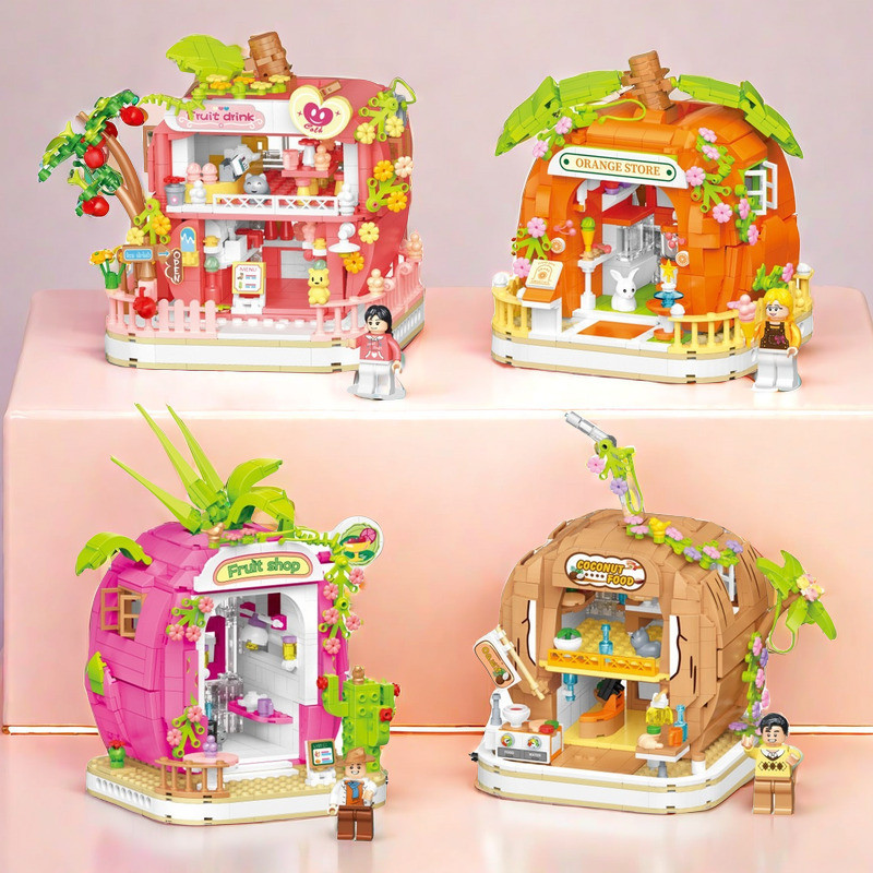 ชุดของขวัญ ของเล่นประกอบบ้านเด็ก Apple Coconut Weile Dragon Fruit Street Scene Cottage Girl Fruit Bu