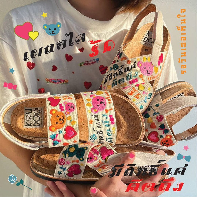 ประเทศไทย kuudoo รองเท้าแตะผ้าลินินปักลายการ์ตูนแฮนด์เมดรองเท้าชายหาดเปิดนิ้วเท้าส้นเตี้ยส้นแบนสไตล์