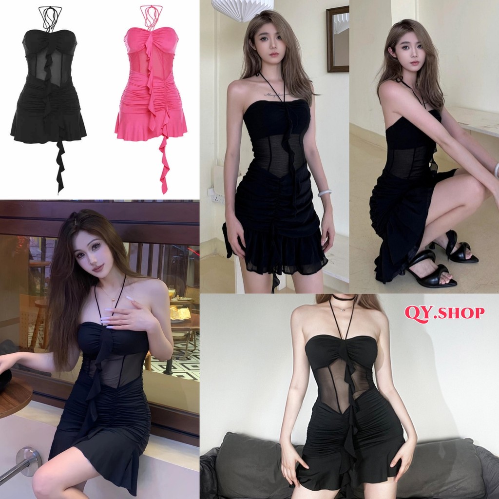QY.Shop⭐️สินค้าราคาพิเศษ⭐️พร้อมส่ง สไตล์เกาหลี มินิเดรส เกาะอก ผ้าพริ้วซีทรูบางเบา "FY9320"