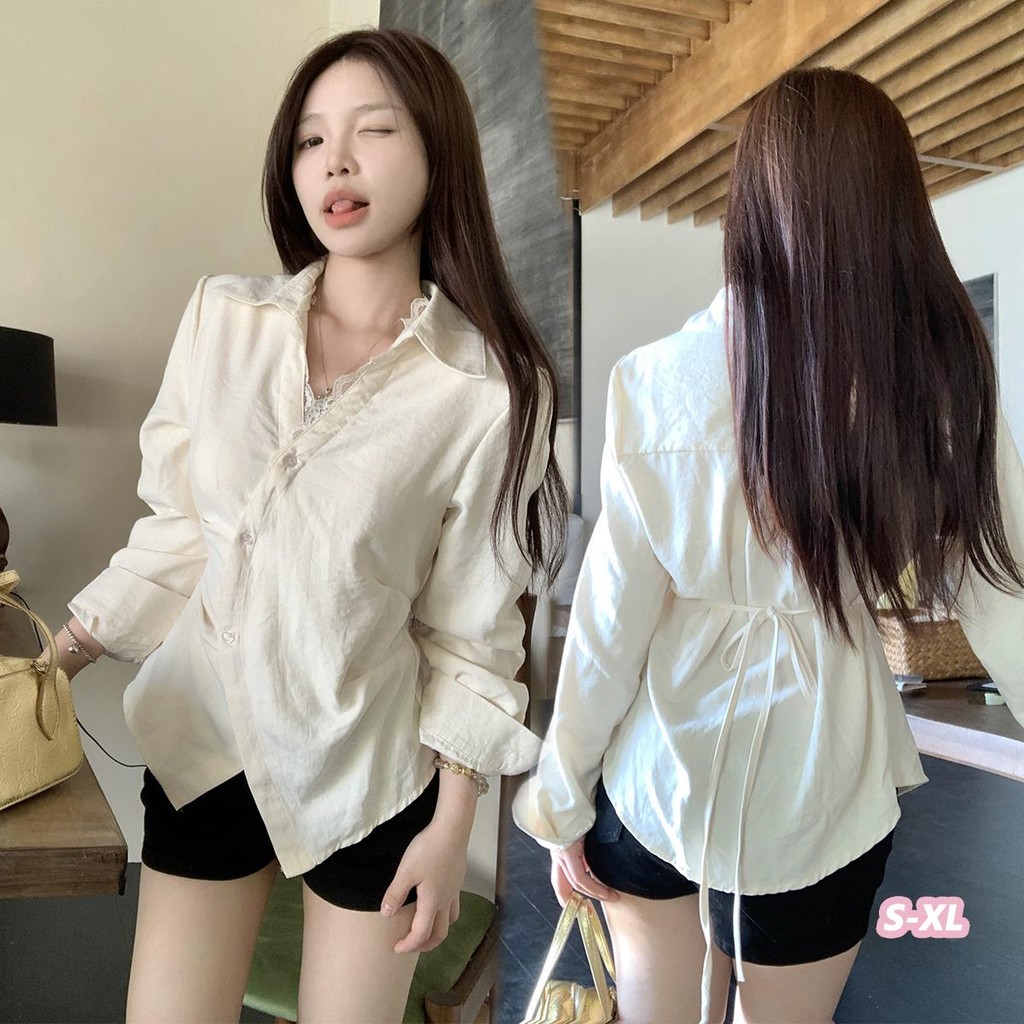 Grace_Chili เสื้อแฟชั่นผู้หญิง เสื้อเชิ้ตแขนยาวสีเหลือง เสื้อลูกไม้ เสื้อเชิ้ตผูกเอว ผ้าใส่สบาย สวมใส่ง่าย