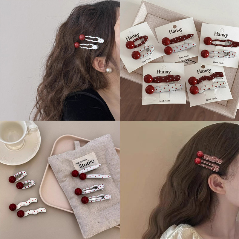 ผู้หญิงวินเทจสีขาวจุดสีแดงกิ๊บคลิปด้านเรียบคลิปอุปกรณ์ผม
