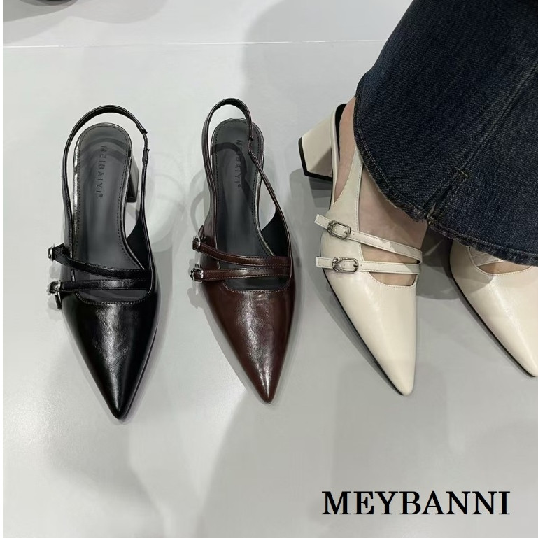 NC Store รองเท้าส้นสูงหัวแหลมพร้อมหัวเข็มขัดไขว้ 2 อัน 5 ซม. - D390