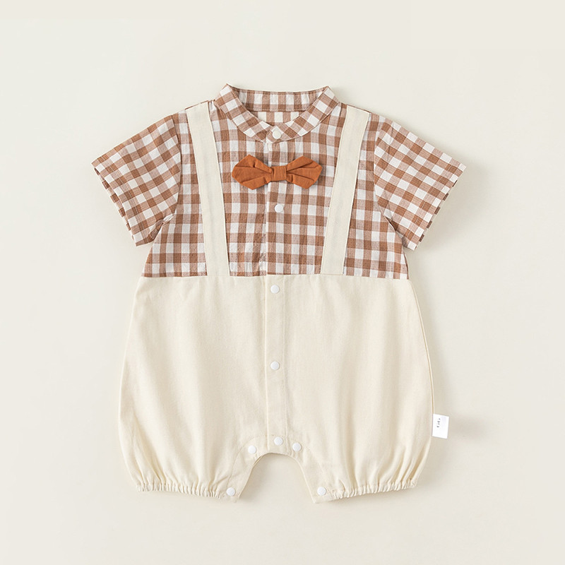 ฤดูร้อนใหม่เสื้อผ้าเด็กชายและหญิงแขนสั้นสุภาพบุรุษ Bodysduit 0-28 เดือนเด็กโบว์ลายสก๊อต Splicing สไตล์อังกฤษวันเกิด Christening Romper - รูปที่ 7