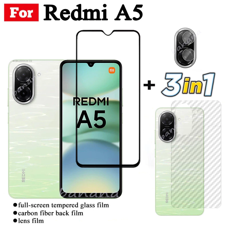 3 IN 1 Redmi A5 ฟิล์มกระจกนิรภัยสําหรับ Redmi A4 Redmi 3 คลุมทั้งหมดป้องกันหน้าจอกระจก + ฟิล์มเลนส์กล้อง + ฟิล์มด้านหลัง