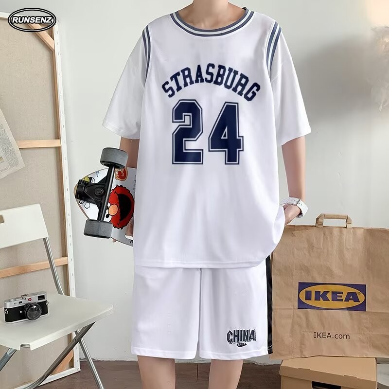 S-8xl ชุดกีฬาบาสเก็ตบอลเวอร์ชั่นเกาหลีผู้ชายเสื้อยืดแขนสั้นขนาดบวก + กางเกงขาสั้น