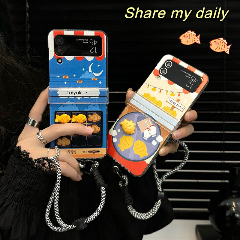 3in1 การ์ตูนน่ารัก 3D ปลาไทยากิ ปลา พร้อมโซ่เชือก เคส PC for Samsung Galaxy Z Flip 6 3/4/5แข็ง กันกระแทก Case