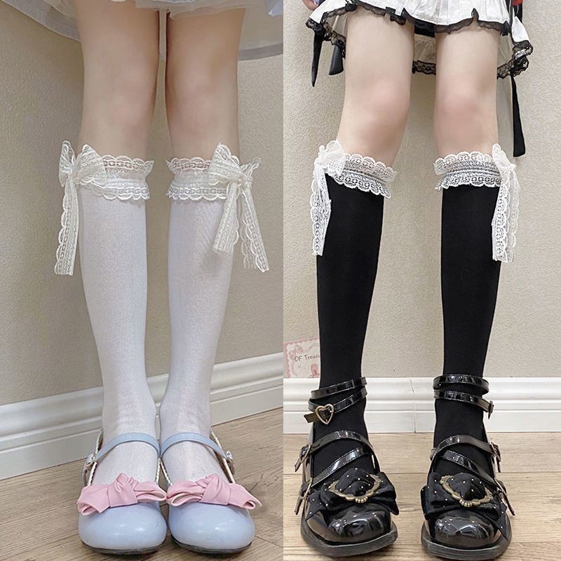 พร้อมส่งในไทย ถุงเท้ายาวถึงเข่าเจเค ตกแต่งโบว์ ลูกไม้ ผ้าฝ้ายแท้ สไตล์โลลิต้าของญี่ปุ่น