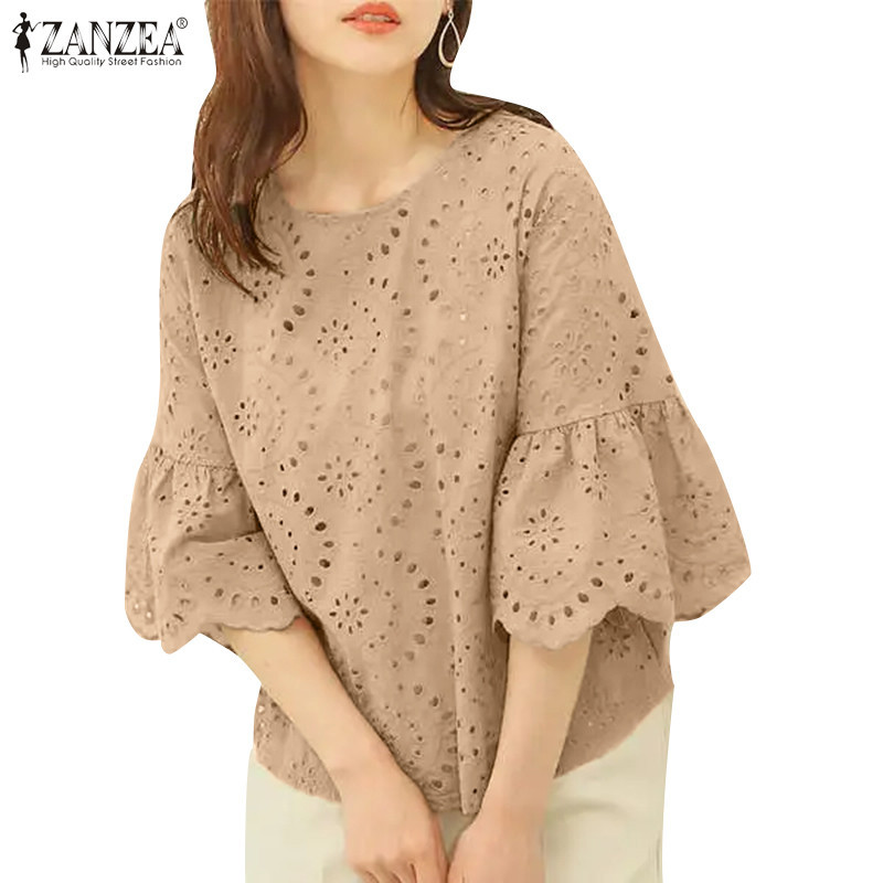 Zanzea เสื้อเบลาส์ลําลอง ผ้าฝ้าย แขน 3/4 คอกลม ปักลายลูกไม้ สไตล์เกาหลี สําหรับผู้หญิง