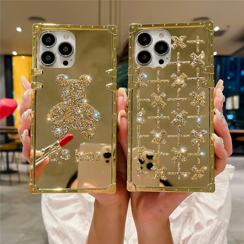 สําหรับ Samsung S24 Ultra S23Ultra S22Ultra S21 + S23 FE S10 5G S10 + Note20 Note10 + Note9 หรูหราแฟชั ่ นประกายเพชร Golden Mirror Square Phone Case Back Cover