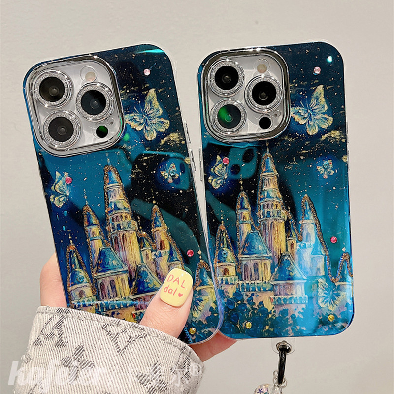 เคสโทรศัพท์มือถือ TPU นิ่ม กันกระแทก ลายปราสาท แสงสีฟ้า ประดับคริสตัล พร้อมสายคล้องข้อมือ แฟชั่นหรูหรา สําหรับ iPhone 15 Pro max 12 13 14 Pro max 14Pro 13Pro 12pro max 15promax