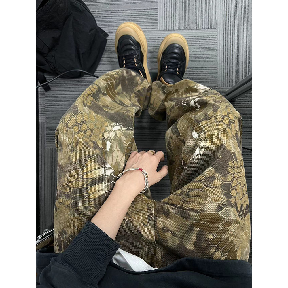 Dannyandzee ฤดูใบไม้ผลิ Retro ผ้าใบงูรูปแบบลวงตา Heavy Washable Ruffian หล่อหลวมกางเกงลําลอง Machete กางเกงผู้ชาย