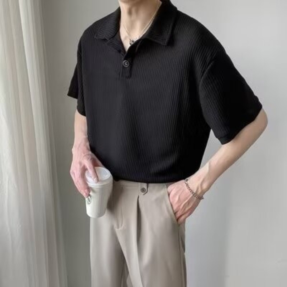 เสื้อโปโลชาย แขนสั้น สีขาว สไตล์เกาหลี สําหรับผู้ชาย
