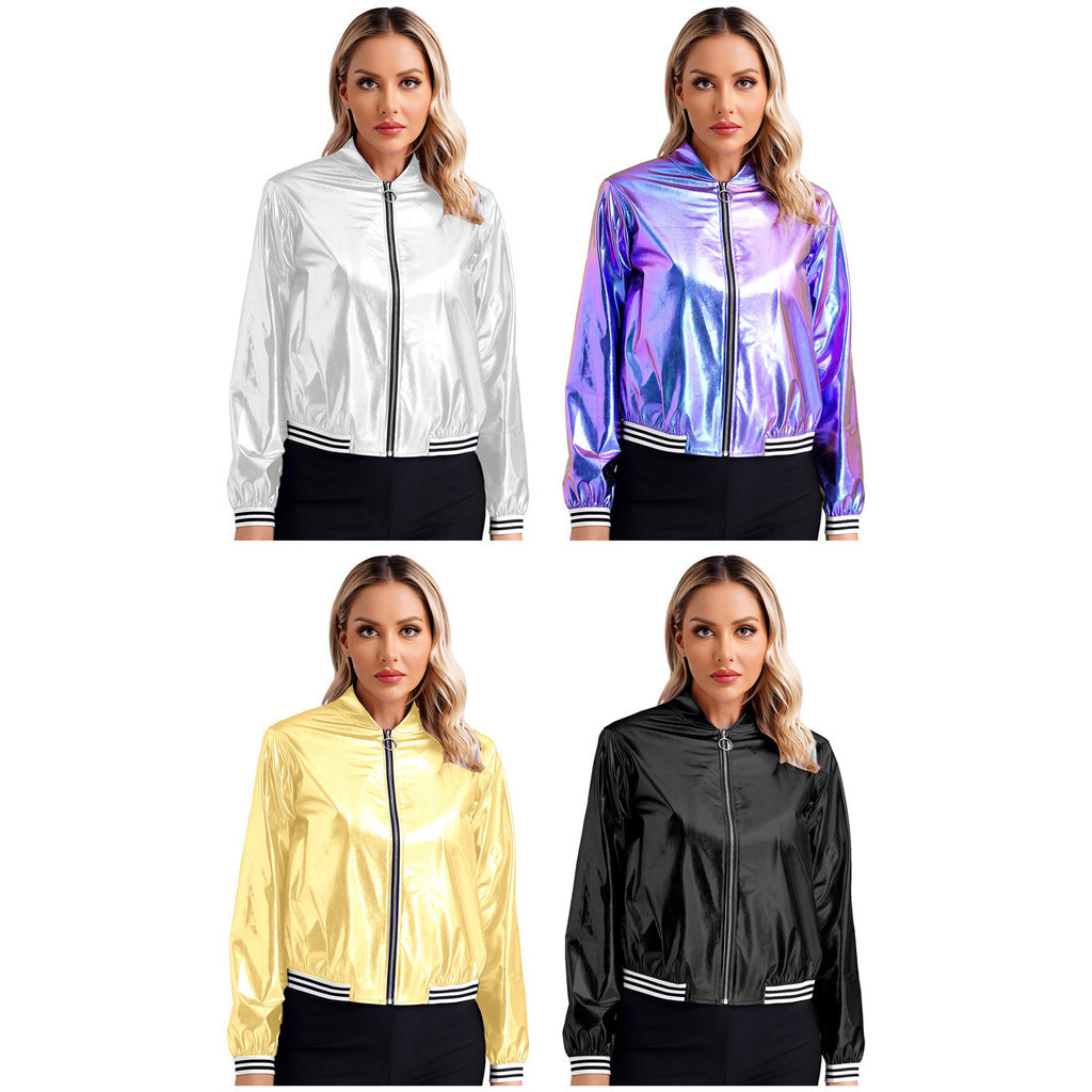 Yeahdor Womens Holographic Shiny Party Long Sleeve Lightweight Zipper Metallic Jacket