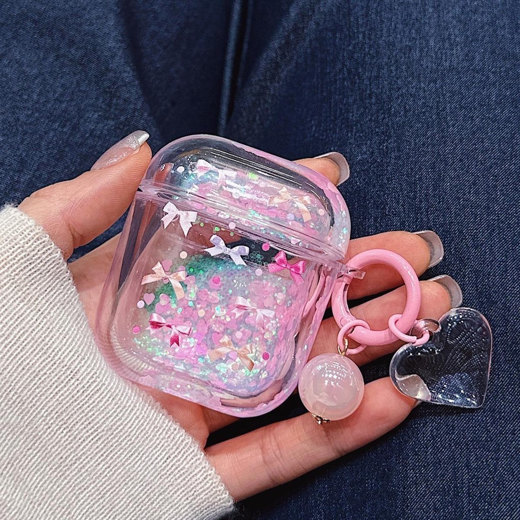 Bowknot Glitter Quicksand Liquid สําหรับ AirPods 1/2 gen3 Pro2 ชุดหูฟังไร ้ สายบลูทูธกันกระแทก Hard โปร ่ งใสฝาครอบป ้ องกันจี ้
