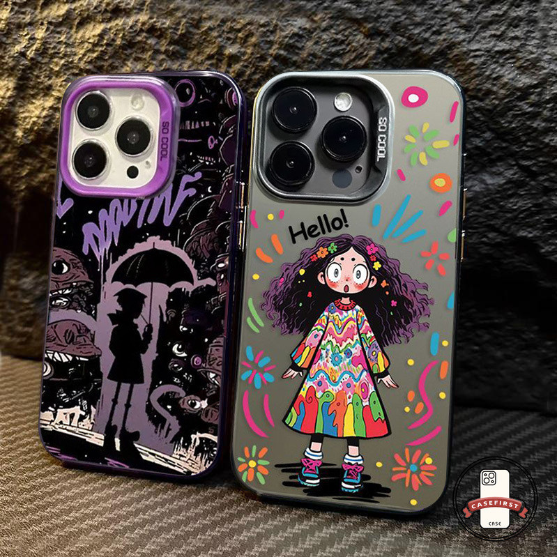 การ์ตูนดอกไม้ไฟสาวน่ารักชุบเคสโลหะเข้ากันได้กับ IPhone 11 13 15 14 12 Pro Max 7Plus XR X XS Max 8 7 14 15 Plus SE 2020