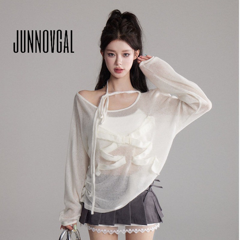 Junnovgal เสื ้ อยืดผู ้ หญิง 2024 สีทึบย ้ อนยุคสไตล ์ ใหม ่ โปร ่ งแสงแขนยาวทุกการแข ่ งขัน