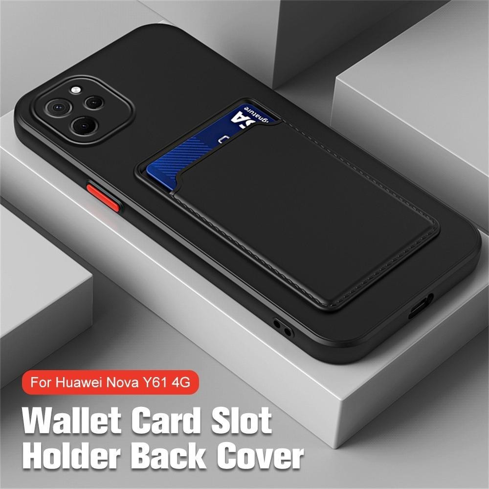 ช่องเสียบการ์ดปลอกโทรศัพท์สําหรับ Huawei Nova Y61 NovaY61 Nova Y 61 61Y 4G Square Liquid Soft TPU กันชนเคสโทรศัพท์กระเป๋าสตางค์ช่องใส่การ์ดผู้ถือเลนส์กล้องกันกระแทกฝาหลัง