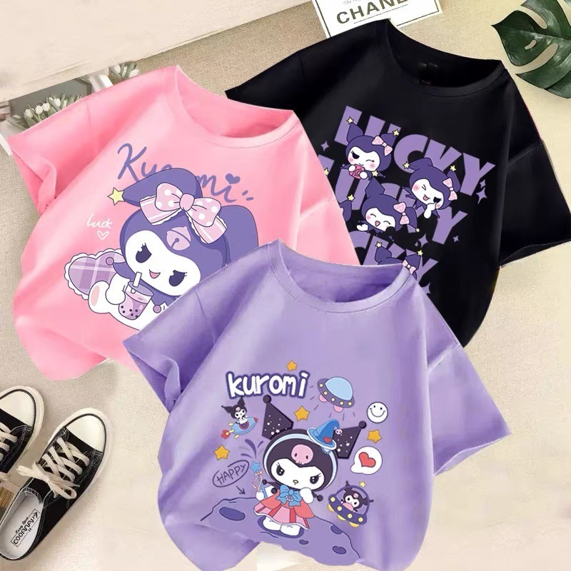 Kawaii Kuromi สาว Tshirt น่ารักการ์ตูนสาวเสื้อฤดูร้อนหวานแขนสั้นเด็กเสื้อผ้าฤดูร้อน Baju Budak Perempuan