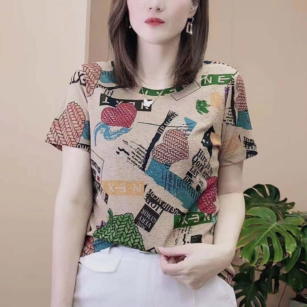 ผู้หญิง 2024 ฤดูร้อนใหม่แขนสั้นผ้าไหมน้ําแข็ง ที หลวมเสื้อยืดขนาดใหญ่ด้านบน