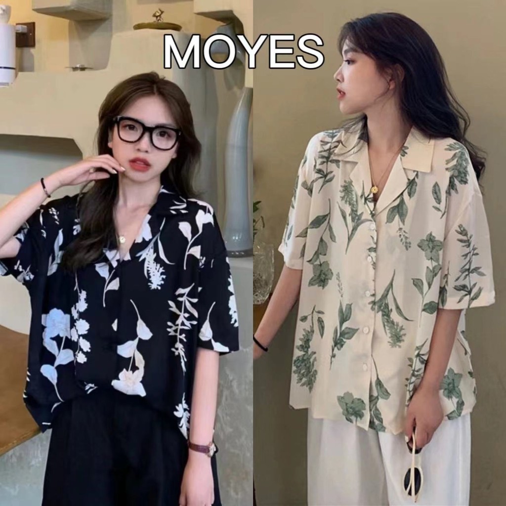 MOYES สไตล์ย้อนยุคใหม่พิมพ์ลายการออกแบบที่ไม่ซ้ำใครเสื้อเชิ้ตแขนสั้นผู้หญิงเสื้อลำลอง