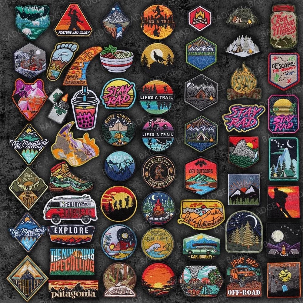 อุปกรณ์เสริมกระเป๋ากลางแจ้งตั้งแคมป์สํารวจภูเขาธรรมชาติผจญภัยบอนไฟเย็บปักถักร้อย ตีนตุ๊กแก ป้ายเสื้อผ้ากระเป๋าเป้สะพายหลังแต่งตัวแพทช์สติก