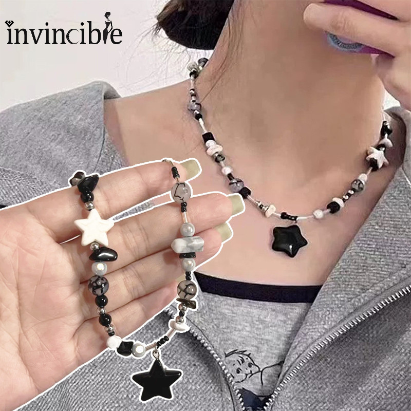 Sweet Cool Girls Star Pendant Beaded Clavicle Chain - Vintage Black Pentagram Choker Necklace - Trend Collar Chain Y2k Jewelry