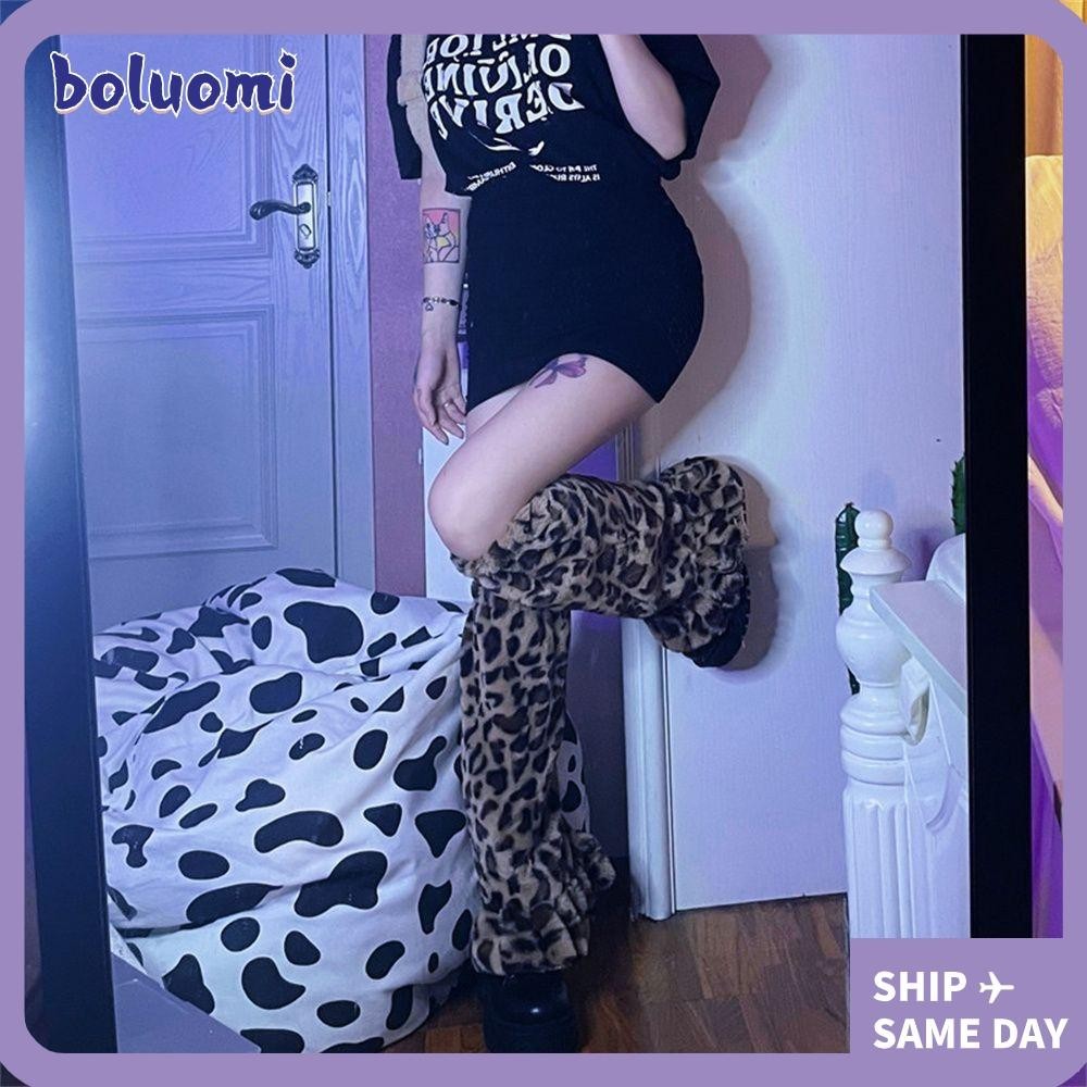 Boloumi Leopard Leg Warmers, Trends ถุงเท ้ ายาวถักฤดูหนาว Gothic Y2K Foot Cover Girl
