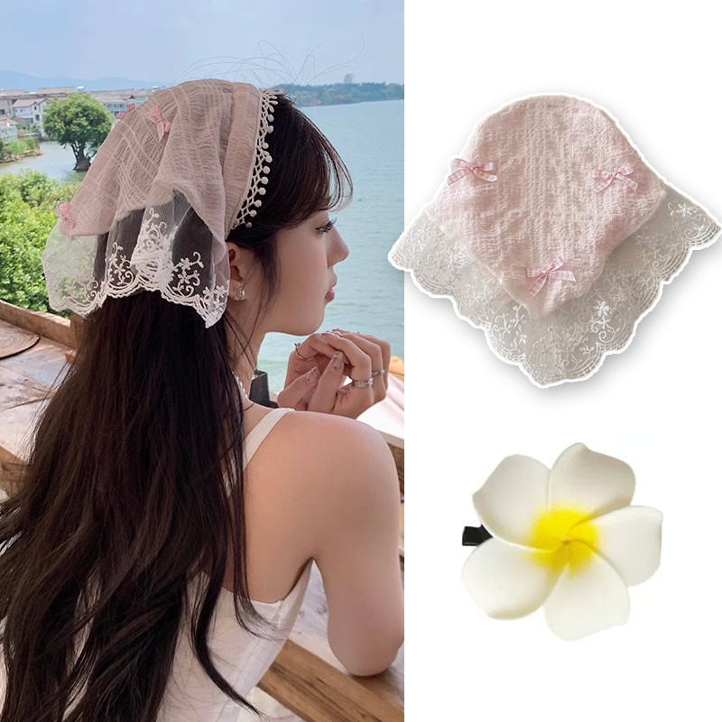 ใหม่ลูกไม้ผ้าคลุมศีรษะกับโบว์ผูกขี้เกียจผ้าคลุมศีรษะสําหรับสาวๆฤดูร้อนริมทะเลวันหยุดน่ารักอุปกรณ์เสริม
