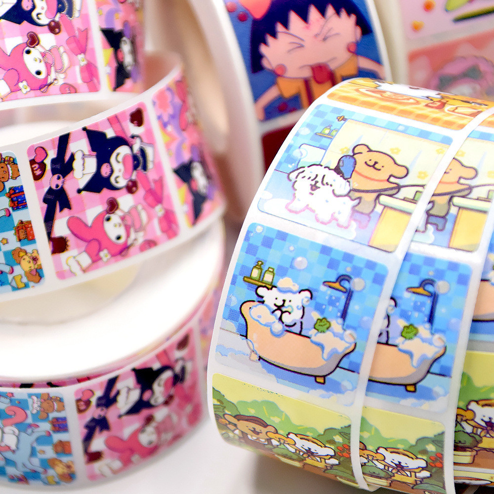 500 ชิ้น/ม้วนการ์ตูนน่ารักป้าย PAW Patro/Sanrio Family/Genshin Impact/One Piece King/SpongeBob/Doraemon/Ultraman Theme Series สติกเกอร์ปิดผนึก