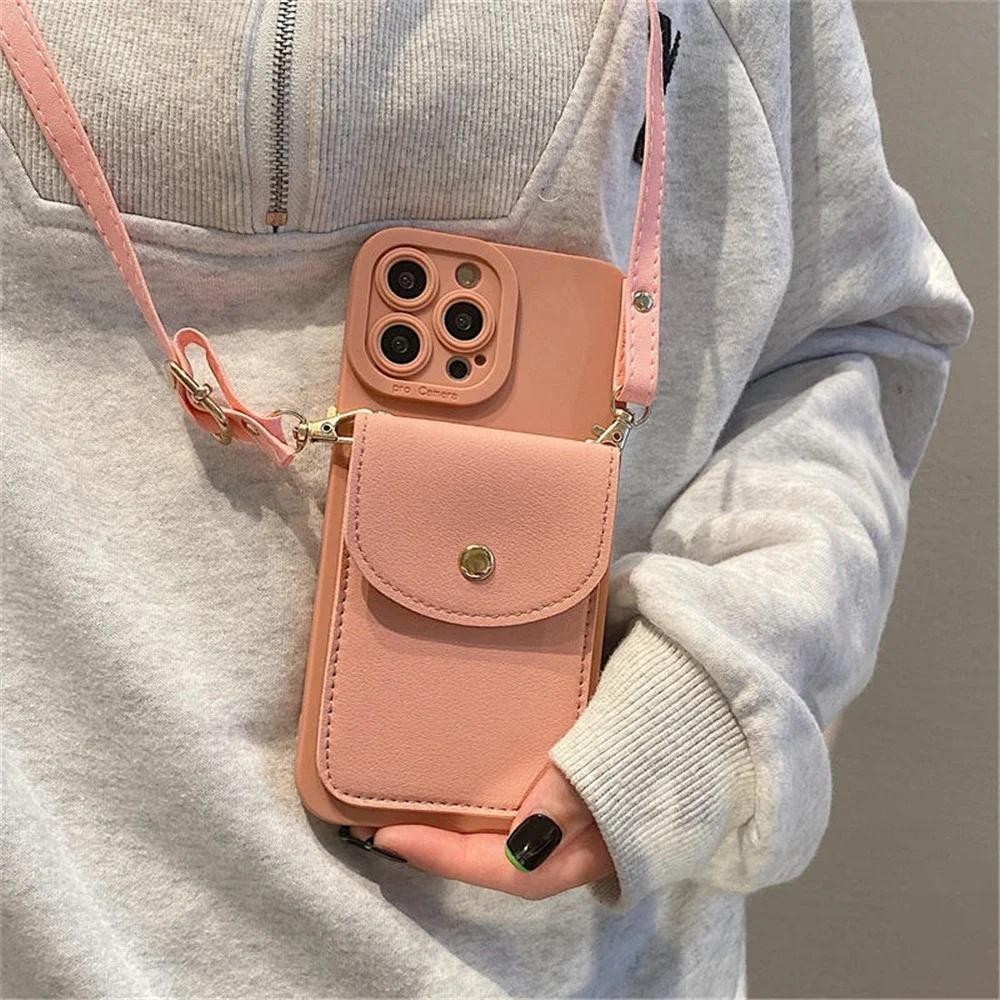 เคสโทรศัพท์สําหรับiPhone 17 16 11 15 13 Pro Max X XS XR 7 8 Plusหรูหราผู้ถือบัตรกระเป๋าสตางค์หนังCrossbodyสายคล้องคอเชือกเส้นเล็ก