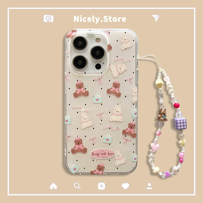 น่ารัก Wave Point Bowknot หมีกระต่ายโซ่เคสโทรศัพท์สําหรับ iPhone 15 14 13 12 Pro Max 11 15Pro 14Pro Drop Resistance Anti-lost IMD ปลอกปกหลัง