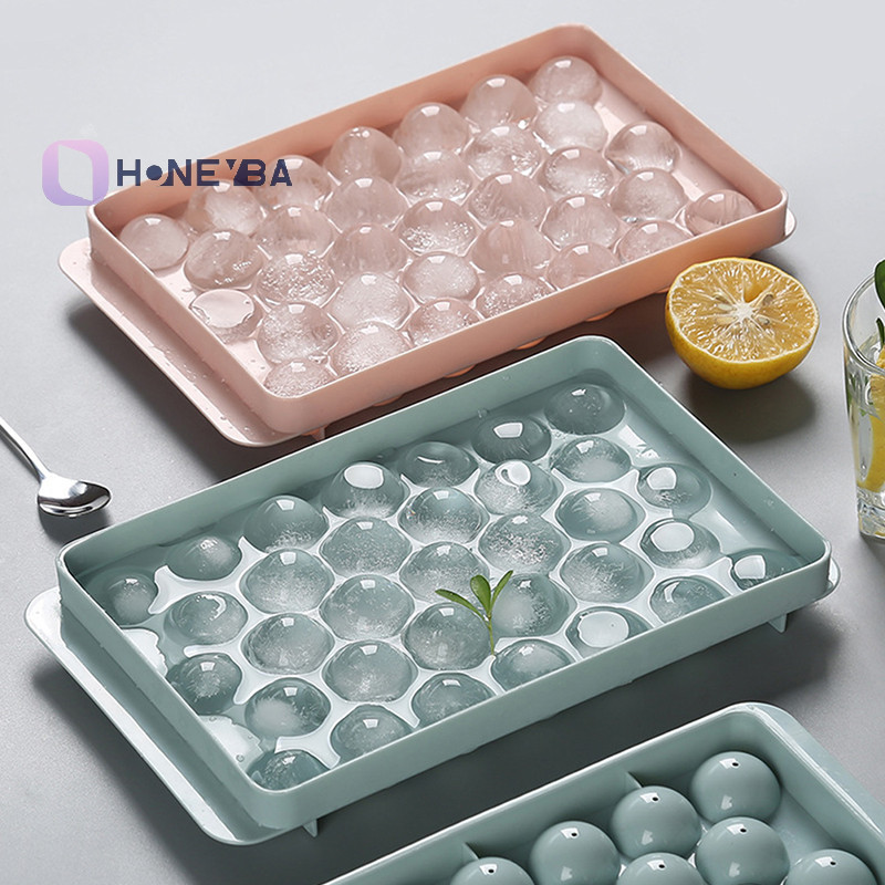 <Honeyby> 1pc 3D Round Ice Cube Tray พร้อมฝาปิดพลาสติกเพชรทรงกลมสไตล์แม่พิมพ์น้ําแข็ง Nice
