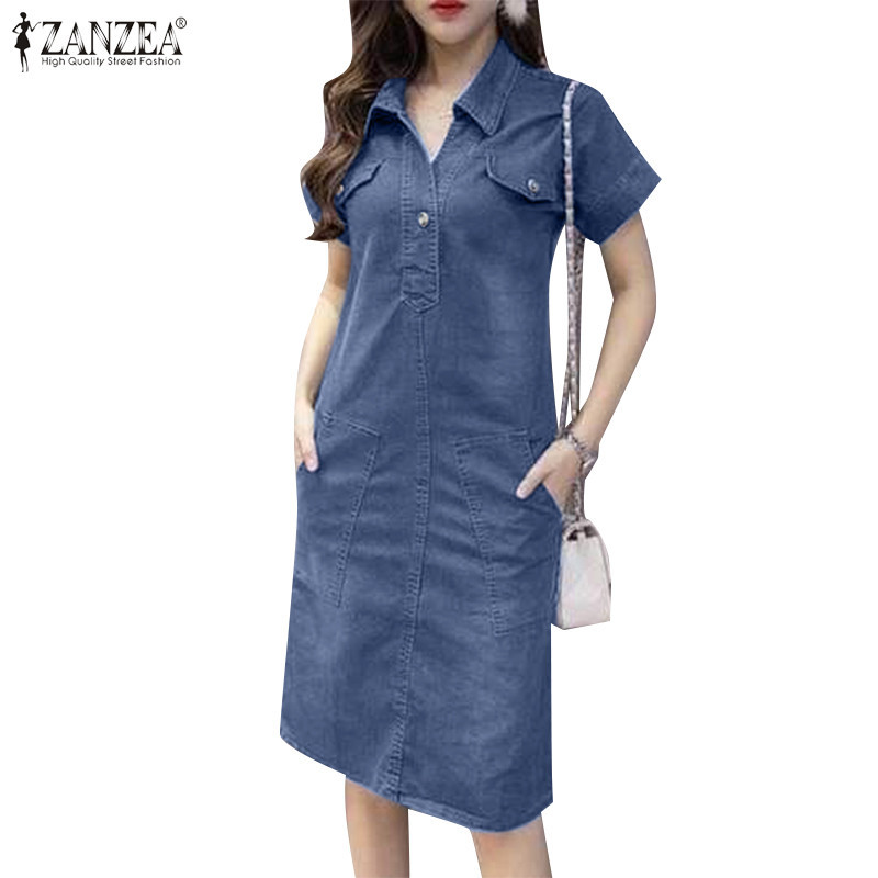 Zanzea ผู ้ หญิงเกาหลีปกสีทึบแขนสั ้ นกระเป ๋ าด ้ านข ้ างชุด