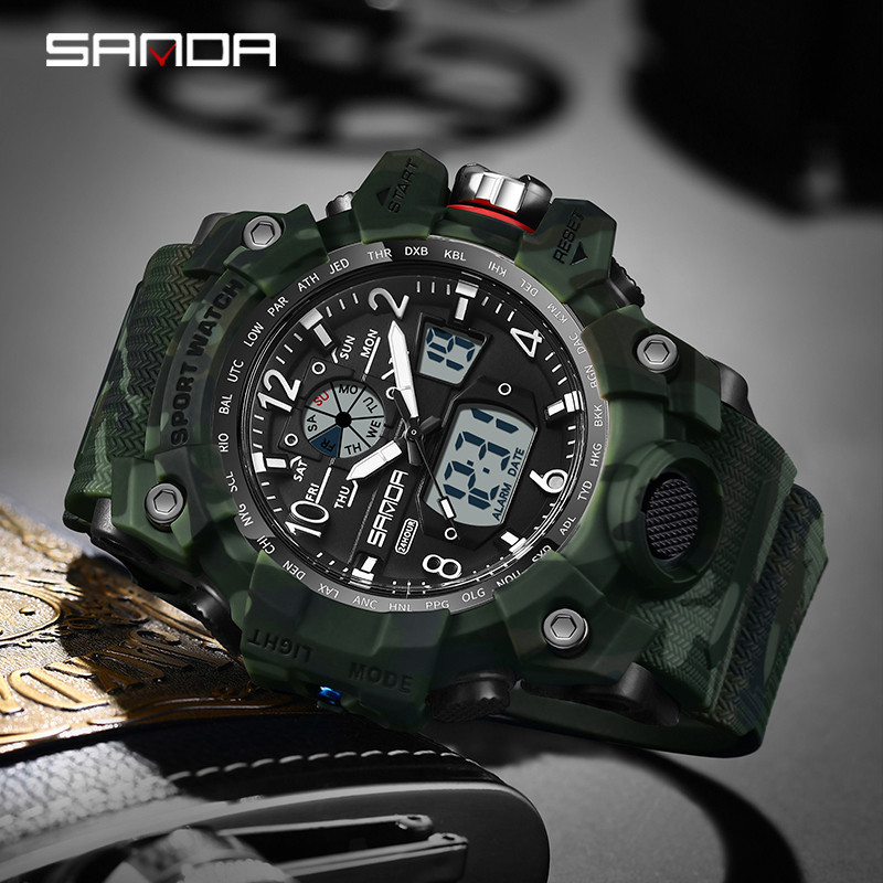 Sanda กีฬากันน ้ ําทหาร Camo City กลางแจ ้ ง Multi-functional นาฬิกาผู ้ ชายของขวัญ SD3358-10