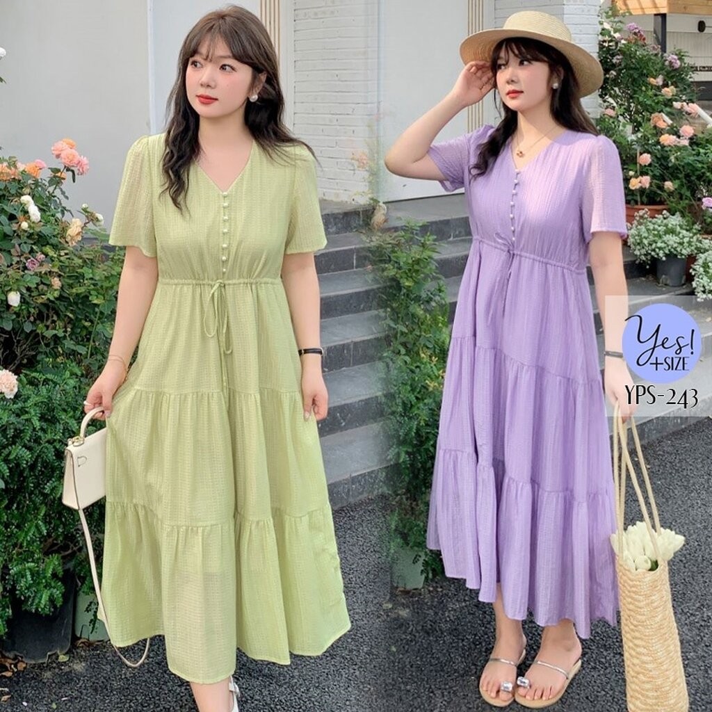 ชุดเดรสยาวสาวอวบ อก 38-50 นิ้ว เดรสแขนสั้นคอวี กระดุมมุก เอวเชือกรูด สีเขียว/ม่วง YPS-243