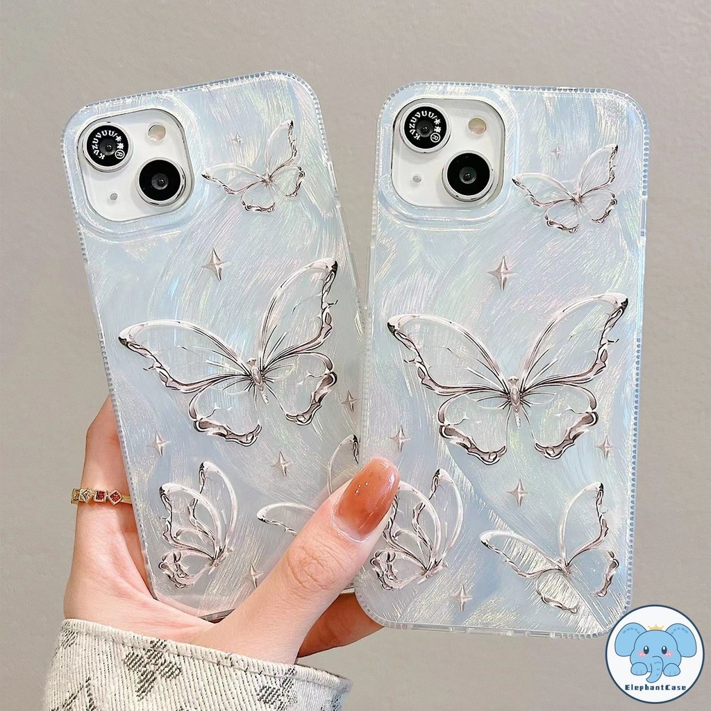 แฟชั่นแฟนตาซีเจิดจรัสดาวผีเสื้อสีเงินกราฟิติขนนกเส้นด้าย IPhone 11 15 12 14 13 Pro Max XS Max 14 8 7 Plus XR X SE 2020
