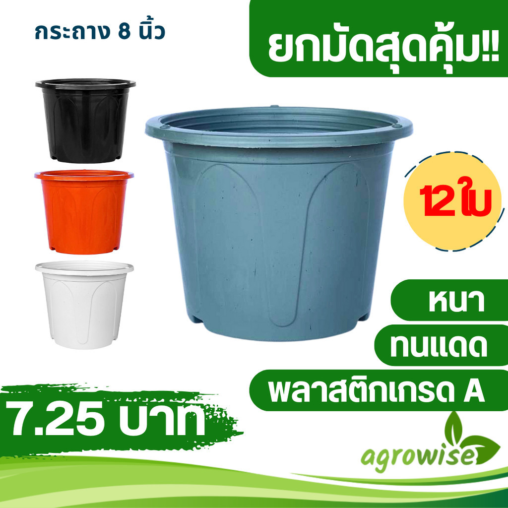 กระถาง กระถางกลมฟลาวเวอร์ ขนาด 8 นิ้ว สีดำ สีขาว สีเทา สีอิฐ Bundle 12 ใบ ชิ้น อัน